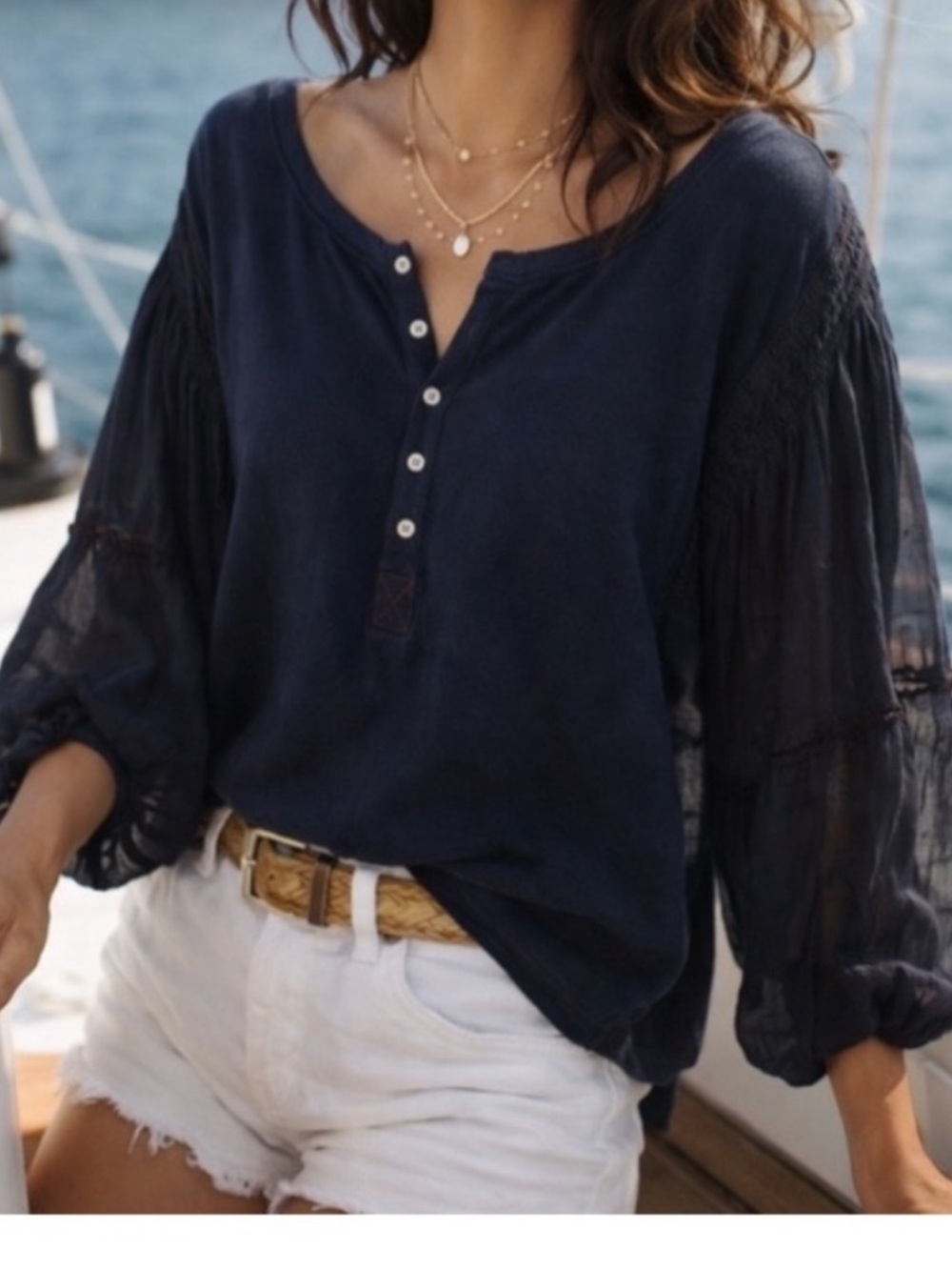 NWT Free People Navy Button-Front Peasant Blouse